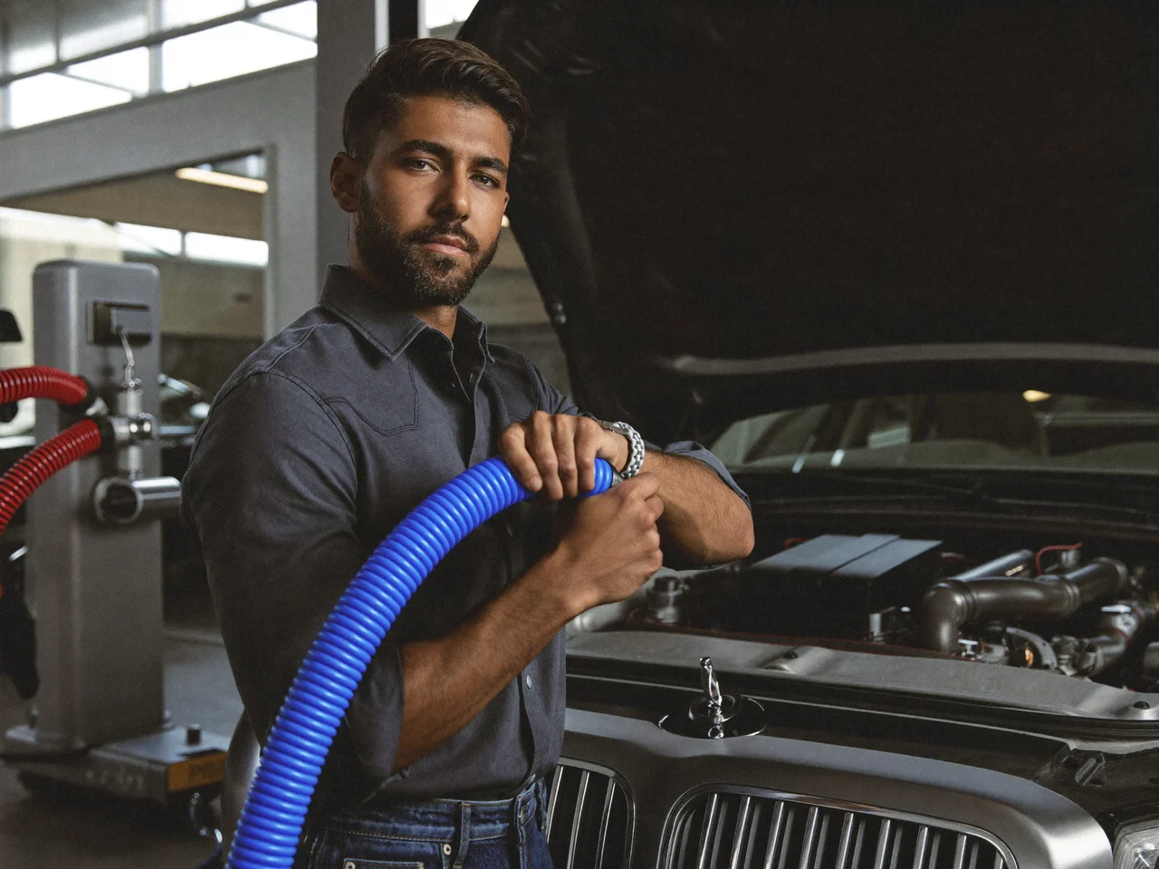 Anschluss der Manometer-Schläuche an die Service-Ports der Fahrzeugklimaanlage