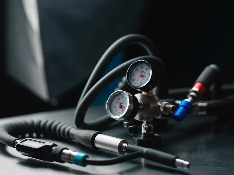 Manometer-Set mit Vakuumschläuchen und Temperaturfühler auf der Werkbank